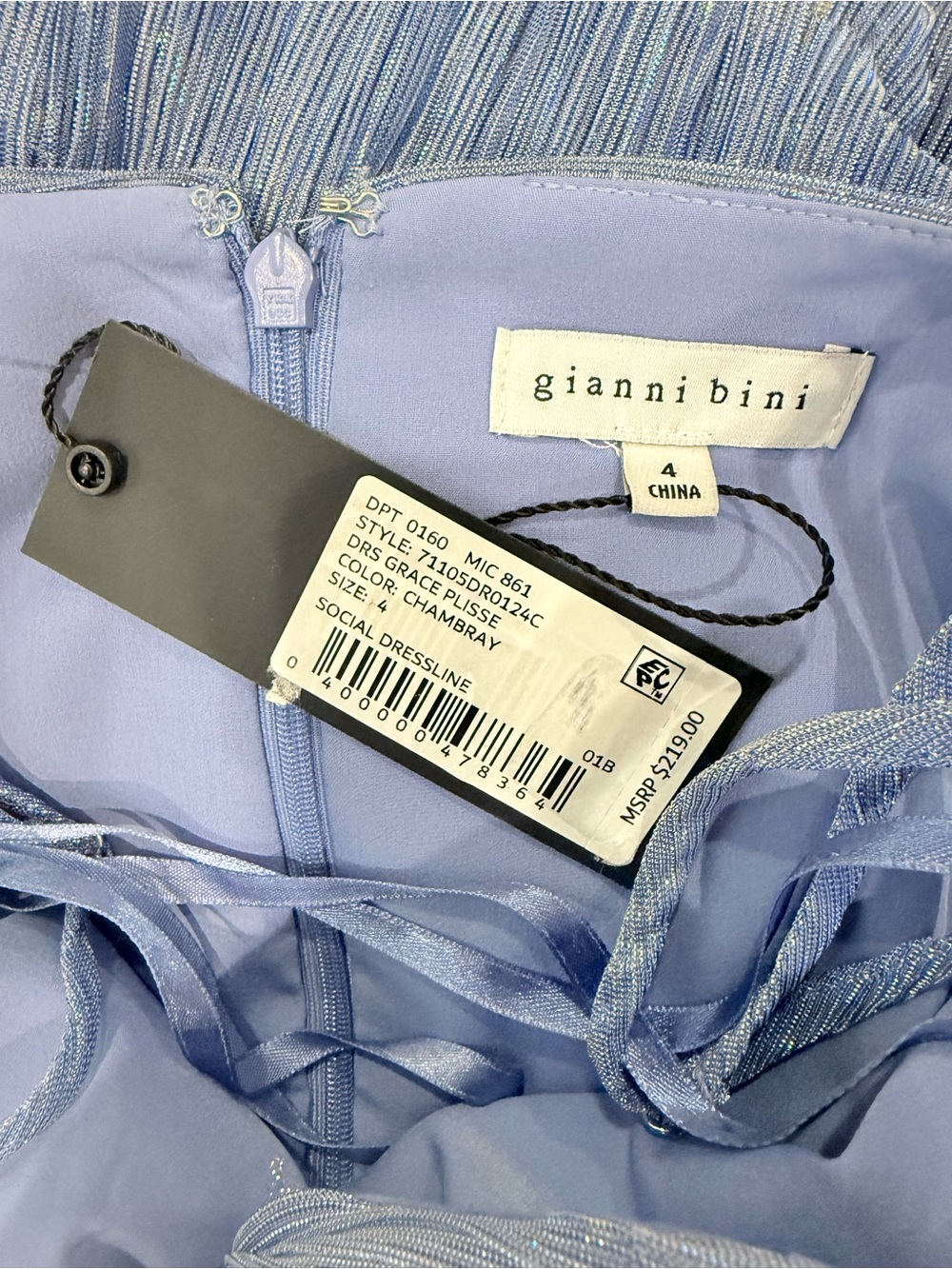 Gianni Bini Grace Metallic Plisse Sweetheart Neck Cut-Out Tiered Dress Chambray - Picture 13 of 14